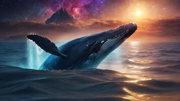 A giant blue whale leaps from the water at sunrise, its silhouette framed by a breathtaking nebula and a starry sky, in a stunning display of cosmic beauty. video